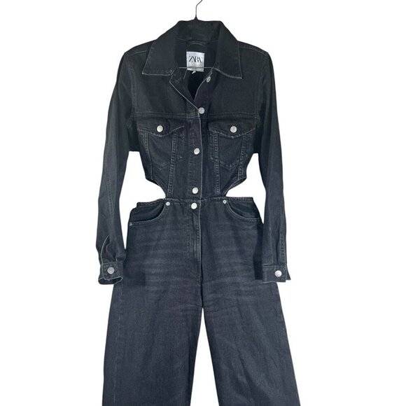Zara XS Black Denim Jumpsuit Waist Cutouts Long Sleeve Classic Womens Jean - Picture 7 of 14